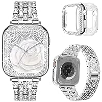 DABAOZA Compatible for Bling Apple Watch Band with Bumper Case, Full Diamond Women Jewelry Rhinestone Sparkle Stainless Metal Strap Band for iWatch Series 9 8 7 6 5 4 3 2 1 SE Ultra 2/1