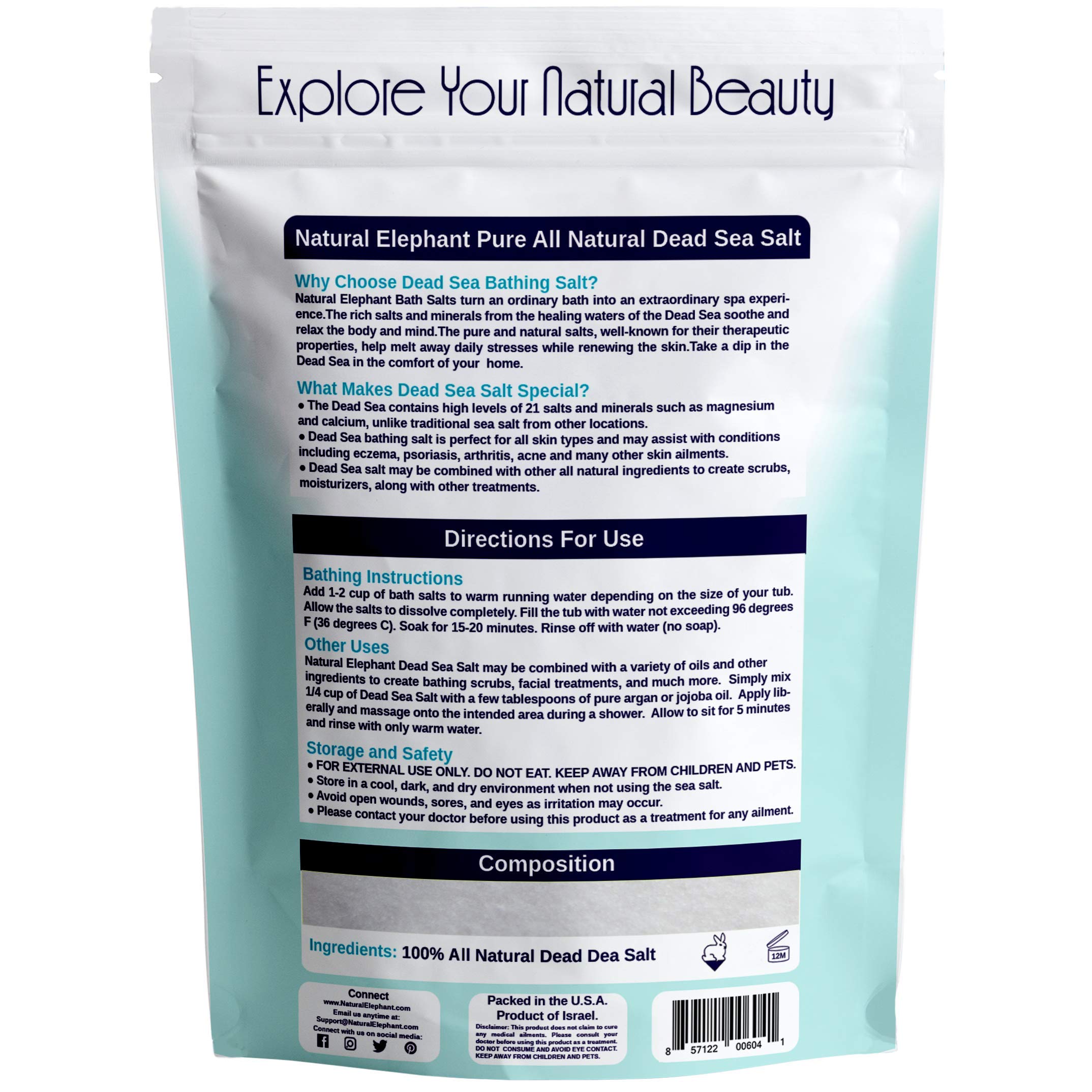 Natural Elephant Dead Sea Salt 100% Natural & Pure 1 lb, 2 lb, 5 lb, 10 lb Bag Fine Grain for Psoriasis Eczema Acne & other Dermatological Needs, 1 lb, 450 g