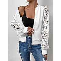 Women's Jacket Guipure Lace Insert Raglan Sleeve Bomber Jacket Jackets Fashion (Color : White, Size : Medium)
