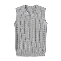 BOBT Mens Casual Sweater Vest School Uniform Sleeveless Pullover Twist Solid Color Cotton Knitted Waistcoat V-Neck Tops