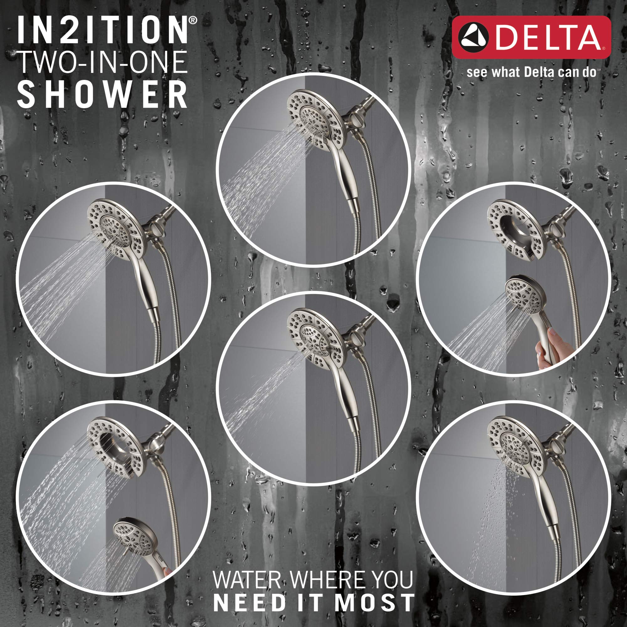 Delta Faucet Arvo 14 Series Single-Handle Shower Faucet, Shower Trim Kit with 4-Spray In2ition 2-in-1 Dual Hand Held Shower Head with Hose, SpotShield Stainless 142840-SP-I (Valve Included)