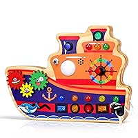 Montessori Wooden Busy Board Toddlers with 9 LED Light and Analog Ship Sound Switches, Autism Educational Sensory Toys Travel Plane Activity Learning Board for 1 2 3 4 Boys Girls Birthday