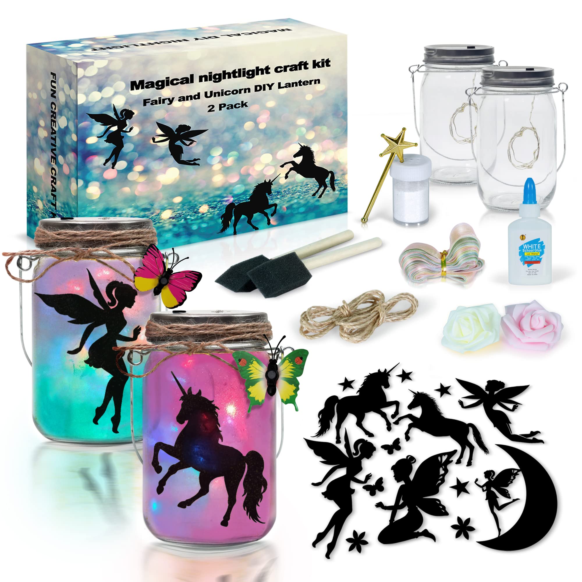 2Pepers DIY Fairy and Unicorn Nightlight Craft Kit (2 Pack), Fairy Lantern Jars Arts and Crafts for Girls, Make Your Own Unicorn Lamp Decor Craft Project, Fairy and Unicorn Gifts for Kids.