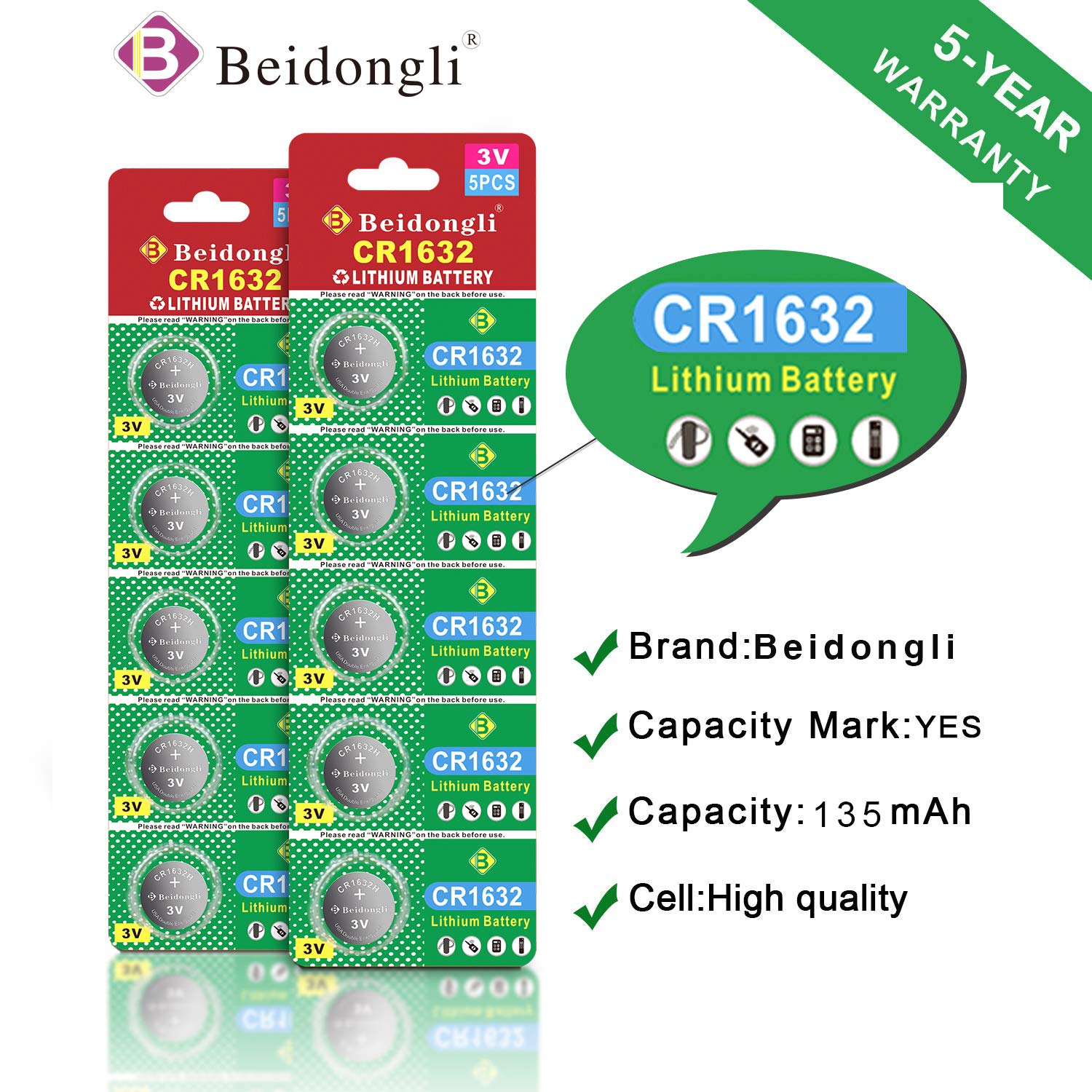 Beidongli CR1632 3 Volt Lithium Coin Cell Battery (10 Batteries)【5-Years Warranty】