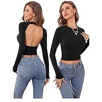 DIRASS Women Backless Long Sleeve Crop Top Going Out Y2K Shirts Open Back Sexy Cut Out Casual Tops