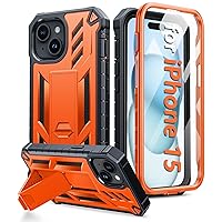 FNTCASE for iPhone 15 Phone Case: Military Grade Shockproof Full Protection Hard Phonecase with Kickstand - Dual Layer Matte Textured Drop Proof Rugged Protective Cover - 6.1 Inch Orange