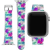 Wrist Band Compatible for Apple Watch Series 7/6/5/4/3/2/1/SE & Matching Phone Case Bracelet Print Pink Monstera Strap 38-40-41-42-44-45 mm Spring Hibiscus Pattern Purple Rose PU Leather Nature