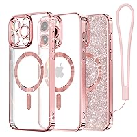 Meifigno Candy Mag Series Case Designed for iPhone 15 Pro Max, [Compatible with MagSafe][Glitter Card & Wrist Strap] Full Camera Protection for iPhone 15 ProMax Case Women Grils, Rose Gold