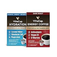 VitaCup Hydration Coffee Pods w/Electrolytes, Coconut Water, Medium Roast 18ct & Energy Dark Coffee Pods w/Vitamins B1, B5, B6, B9, B12, & D3, Dark Roast, 16ct | 34 ct Bundle