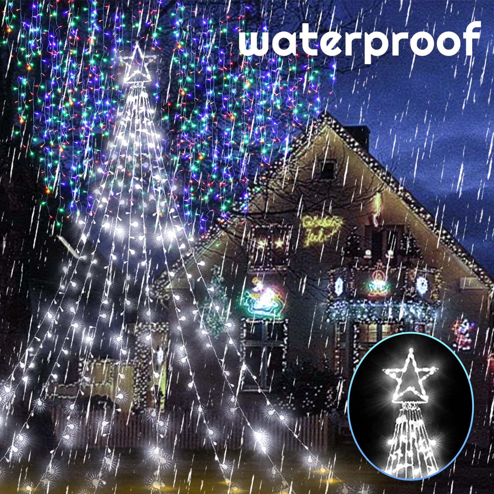 Christmas Decorations Outdoor Tree Lights Cool White 12.7FT 344LEDs Waterfall Christmas Star Lights 8 Lighting Modes and Timer Xmas Hanging Lights for Yard Wedding Holiday Wall