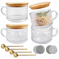 Vintage Coffee Glass Mugs Set of 4, 14oz Overnight Oats Containers with Bamboo Lids, Coaster and Spoons, Glass Coffee Cups with Handle, for Cappuccino, Latte, Tea, Gift
