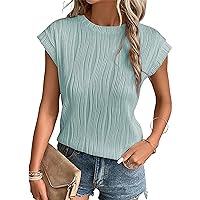 Mansy Womens Short Sleeve Textured Tops Trendy Summer Casual Shirts Loose Elegant Blouses Crewneck Knit Pleated Tunic 2024