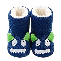 LA PLAGE Boys Girls Blue Monster Bootie Slippers with Cozy Memory Foam Winter Warm Indoor Outdoor House Slippers