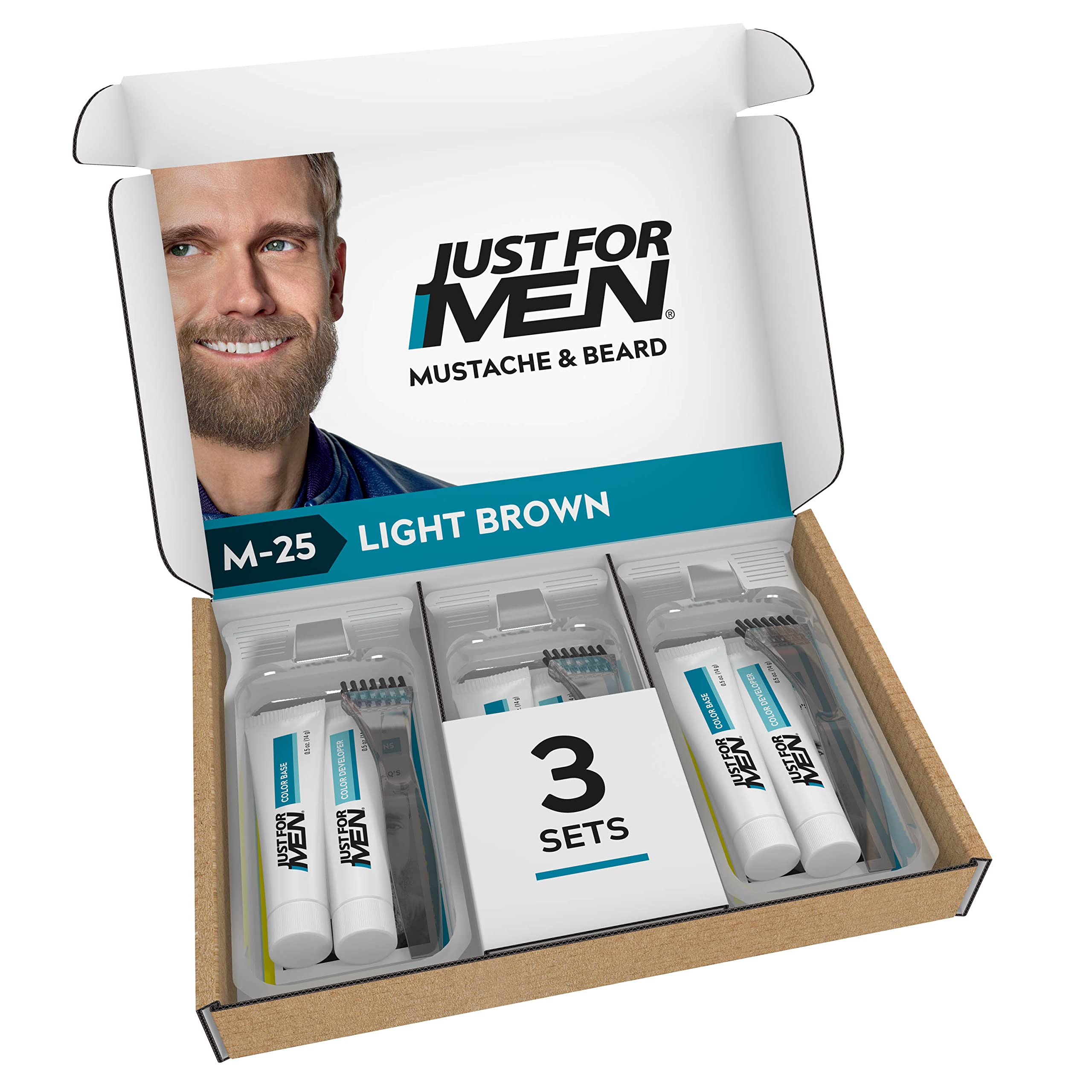 Just For Men Mustache & Beard, Beard Coloring for Gray Hair, with Biotin Aloe and Coconut Oil for Healthy Facial Hair - Light Brown, M-25 (Pack of 3, Ecomm Friendly Packaging)