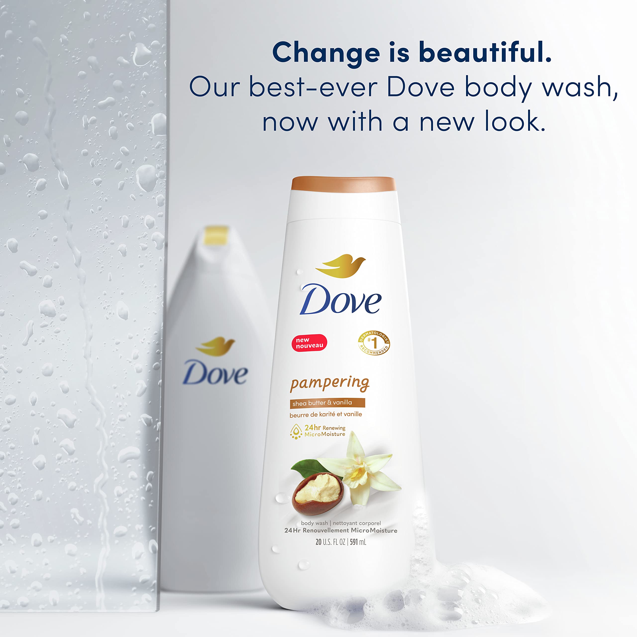 Dove Body Wash Pampering Shea Butter & Vanilla 4 Count for Renewed, Healthy-Looking Skin Gentle Skin Cleanser with 24hr Renewing MicroMoisture 20 oz