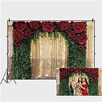 8x6ft Gold Sequin Wall Photography Background Red Rose Green Tree Vine Decoration Backdrop for Wedding Birthday Anniversary Engagement Baby Shower Event Decor Banner