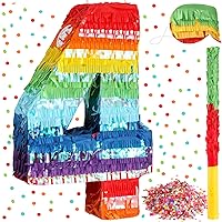Rainbow Number Pinata Multicolor Mexican Pinata for Kids Birthday Party Decoration Pinata with Blindfold Stick and Confetti Pinata for Anniversary Cinco de Mayo Fiesta Party Decor(Number 4)