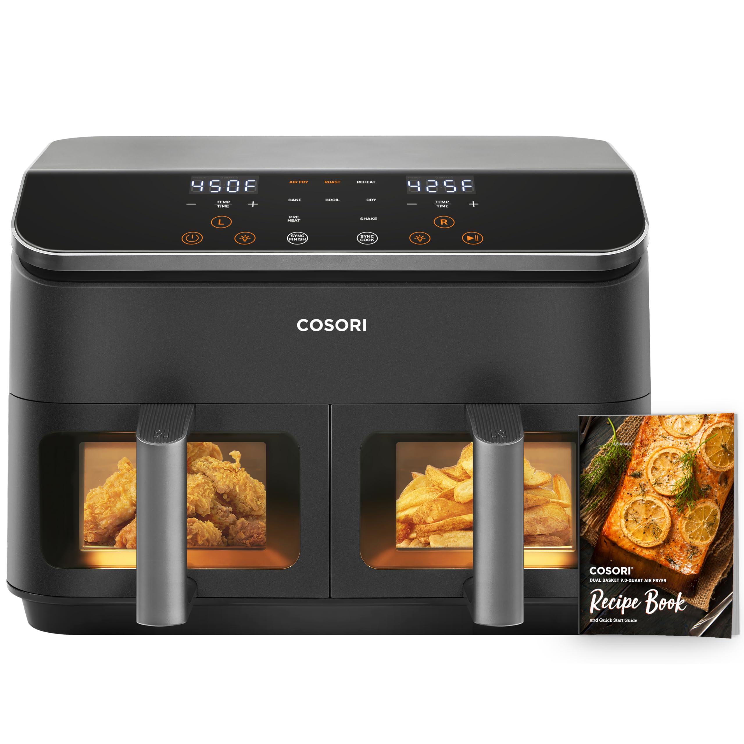 COSORI Dual Basket Air Fryer 9 Qt, Large and Wider Double Airfryer, 8-in-1, Sync Cook & Finish Family Meals, Bake, Roast, Broil and Dehydrate, Optional Preheat & Shake, Visible Window, 130 Recipes