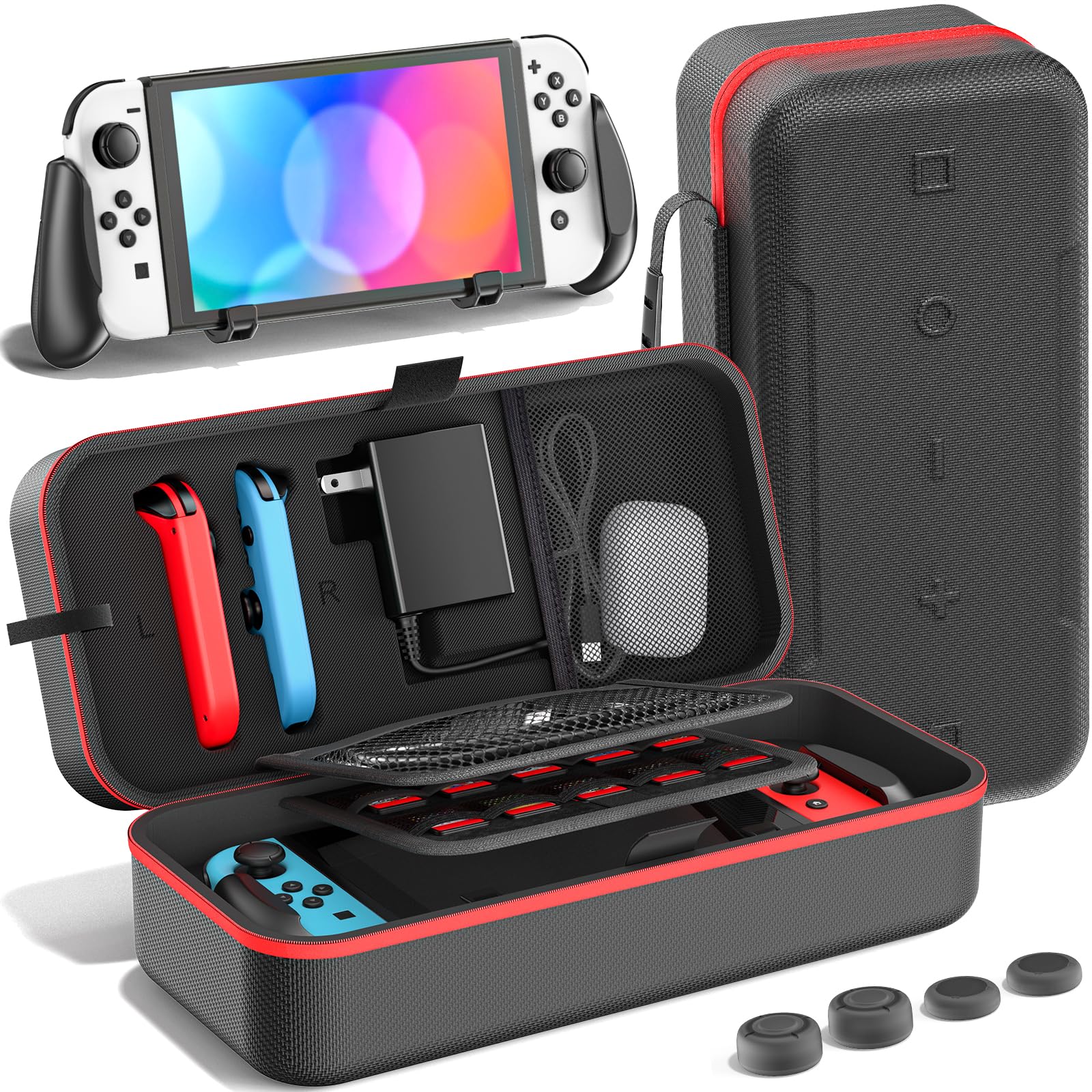 Switch Carry Case & Switch Handheld Grip Bundle Kits, Travel Carrying Case for Switch OLED & Original Switch, Portable Switch OLED Case with AC Adapter Slot & 20 Game Card Slots