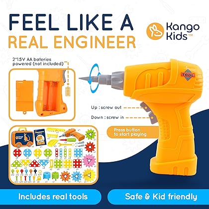 KangoKids Building Toys 276pc Design and Drill for Kids, Learn Construction & Engineering with STEM Toys Drill Mosaic Kids Drill Toy, Drill Set Toys for Kids with Electric Drill, Gears & Storage Case