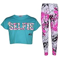 A2Z 4 Kids Girls #SELFIE Print Turquoise Crop Top Short Sleeves T Shirt And Splash Print Fashion Leggings Set Age 5-13 Years