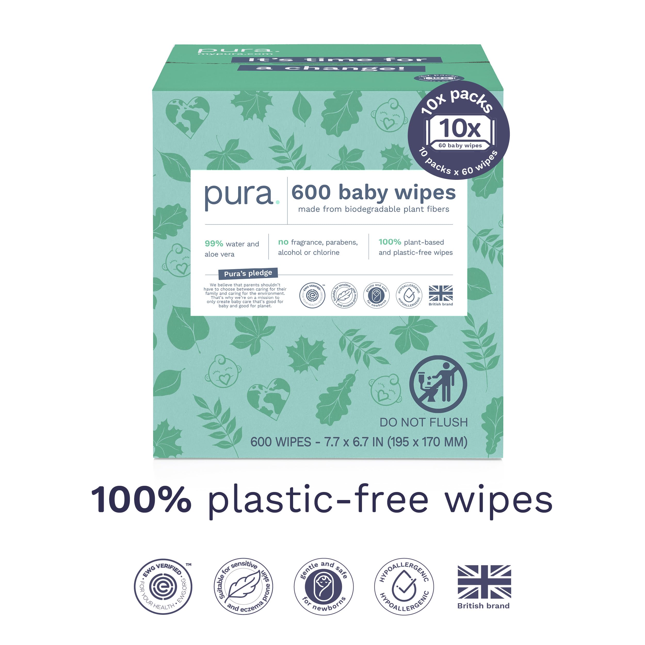 Pura Baby Wipes 10 x 60 Wipes (600 Wipes), 100% Plastic-Free & Plant Based Wipes, 99% Water, Suitable for Sensitive & Eczema-prone Skin, Fragrance Free & Hypoallergenic, EWG, Cruelty Free