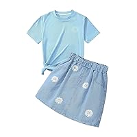 Floerns Girl's 2 Piece Outfit Short Sleeve Tee Shirt with Denim Skirt Set