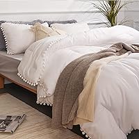 YIRDDEO White Queen Comforter Set 3pcs Boho Ball Pom Bedding, Aesthetic Size Sets Bed Beige Bedding for Women Men (1 2 Pillowcases)