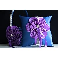 | Big Flower Collection | Ring Bearer Pillow & Wedding Flower Girl Basket Set (Royal Blue)