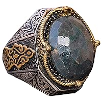 Genuine Emerald Gemstone Ring, 21.65 Carat, 925 Solid Sterling Silver Ring, Men Ring Vintage