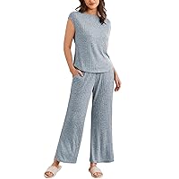 Ekouaer Pajama Sets for Women 2 Piece Casual Pj Set Knit Crew Neck Cap Sleeve Soft Sleepwear with Pockets for Summer S-XXL