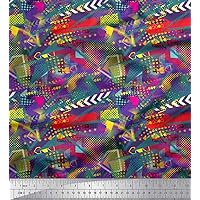 Soimoi Purple Japan Crepe Satin Fabric Triangle & Brush Stroke Abstract Printed Fabric 1 Yard 42 Inch Wide