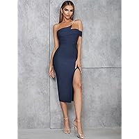 Women's Dresses One Shoulder Pearl Chain Split Thigh Bandage Dress Dress for Women (Color : Navy Blue, Size : Small)