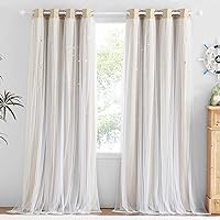 NICETOWN Kids Blackout Curtains for Baby Rooms Girl Princess Curtain for Daughter Bedroom Window Moon and Star Hollout Sliding Door Curtain Panel for Living Room (Biscotti Beige, W52 X L84, 1 Panel)