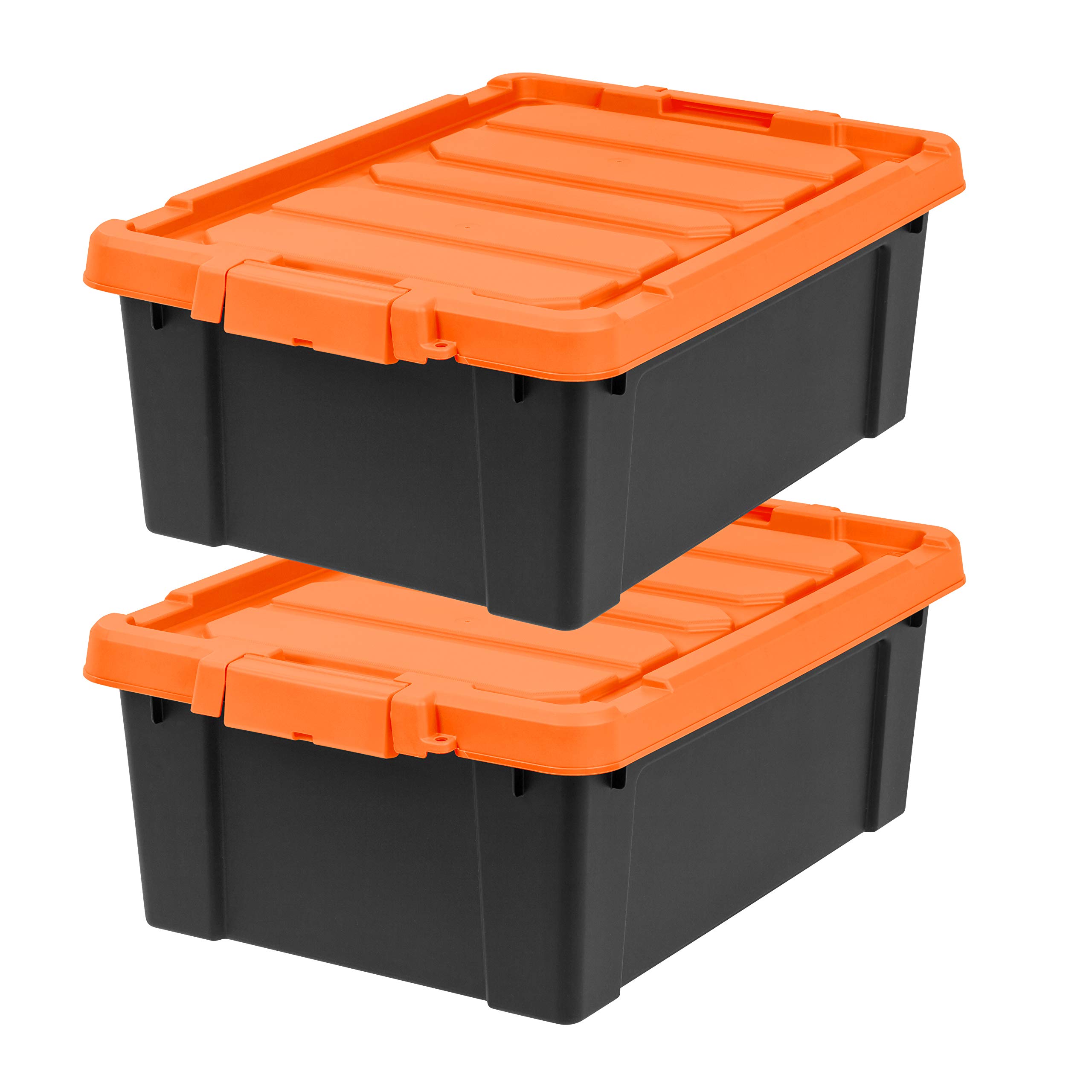 IRIS USA 11.75 Gallon Heavy-Duty Plastic Storage Bins, 2 Pack, Store-It-All Container Totes with Durable Lid and Secure Latching Buckles, Garage and Metal Rack Organizing, Black/Orange