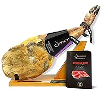 Iberico Ham Acorn-fed Bellota 100% Pure Breed (shoulder) Bone in 9.5-11lb + Ham Stand + Knife & Spanish Serrano Ham Sliced Dry-Cured (12oz) - Cured Spanish Jamon - GMO & Gluten Free