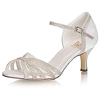 JIAJIA 37806 Women's Bridal Shoes Peep Toe 2.6'' Stiletto Mid Heel Lace Satin Pumps Sparkling Sandals Wedding Shoes
