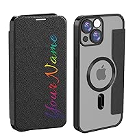 Personalized Leather Flip Phone Case with Your Name or Photo, Custom Flip Leather Phone Case for iPhone 14 15 13 12 11 Plus Pro Max, Card Holders,Wireless Charging,Unique Gift for Wife Mother (Black)