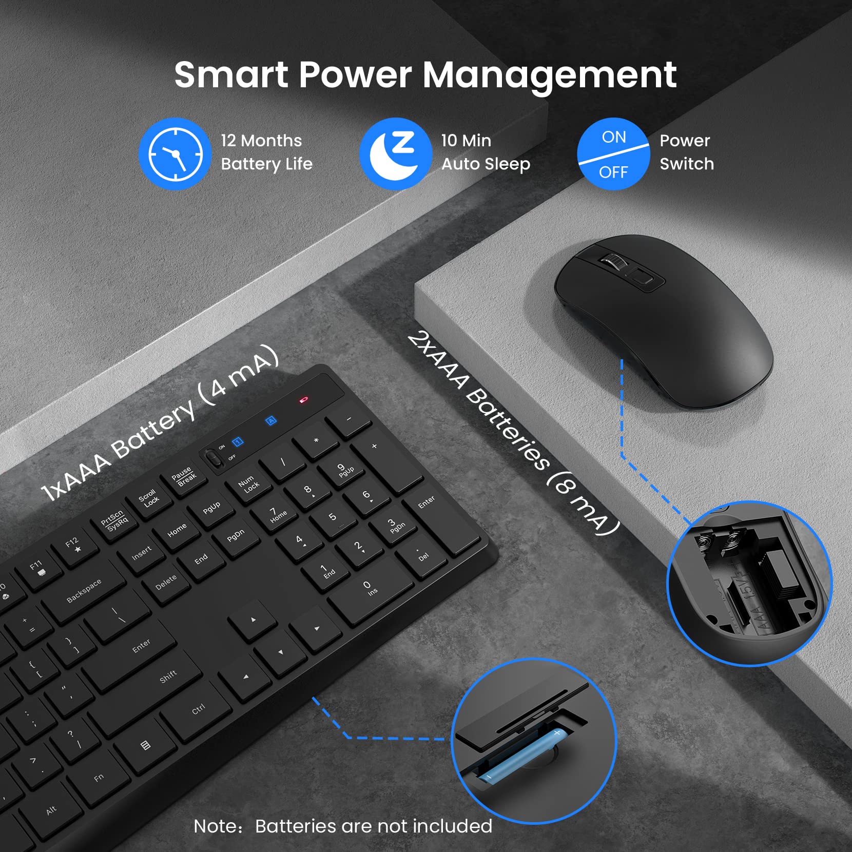 Wireless Keyboard Mouse Combo,PONVIT Energy Saving Slim Quick 2.4GHz Cordless Full Size Computer Keyboard Silent & 3 Adjustable DPI USB Mouse Independent On/Off Switch for PC Laptop,Black