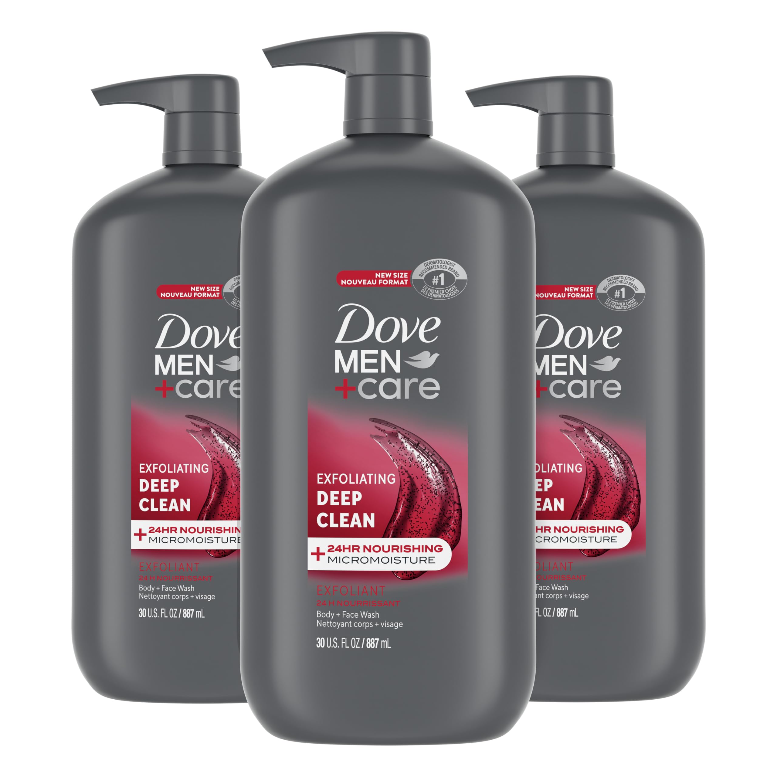 DOVE MEN + CARE Body and Face Wash Exfoliating Deep Clean 3 Count for Men, with 24-Hour Nourishing Micromoisture Technology Body Wash, 30 oz