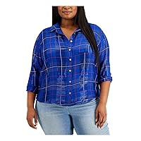 Style & Company Womens Blue Metallic Pocketed Curved Hem Plaid Long Sleeve Collared Button Up Top Plus 0X