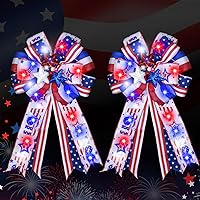 2 Pcs Pre-Light 4th of July Bows, 20 X 12” Large Patriotic Bows for Wreath, Red White Blue Bows American Flag Stars Tree Topper Bow for Independence Day,Memorial Day, Front Door Indoor Decor