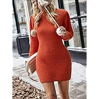Sweater Dress for Women- Crew Neck Ribbed Knit Sweater Dress (Color : Burnt Orange, Size : Small)