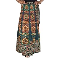 Marusthali Wrap Around Long Skirt Women 100% Cotton Jaipuri Printed Green