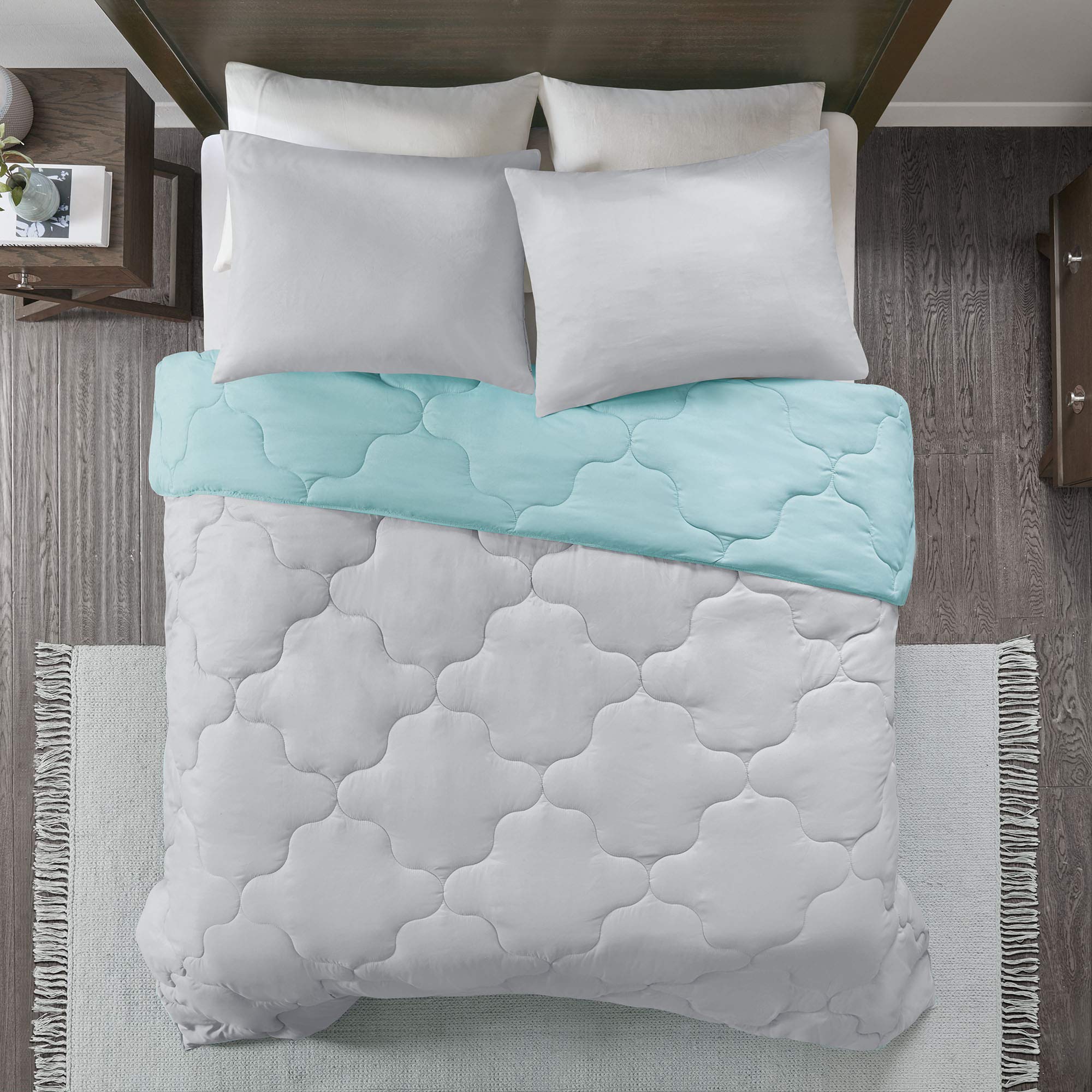 Comfort Spaces Vixie Reversible Comforter Set - Trendy Casual Geometric Quilted Cover, All Season Down Alternative Cozy Bedding, Matching Sham, Aqua/Gray, Twin/Twin XL 2 piece