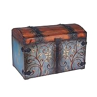 Vintage Wood Storage Trunk, Large, Blue Body/Brown Lid/Floral Design