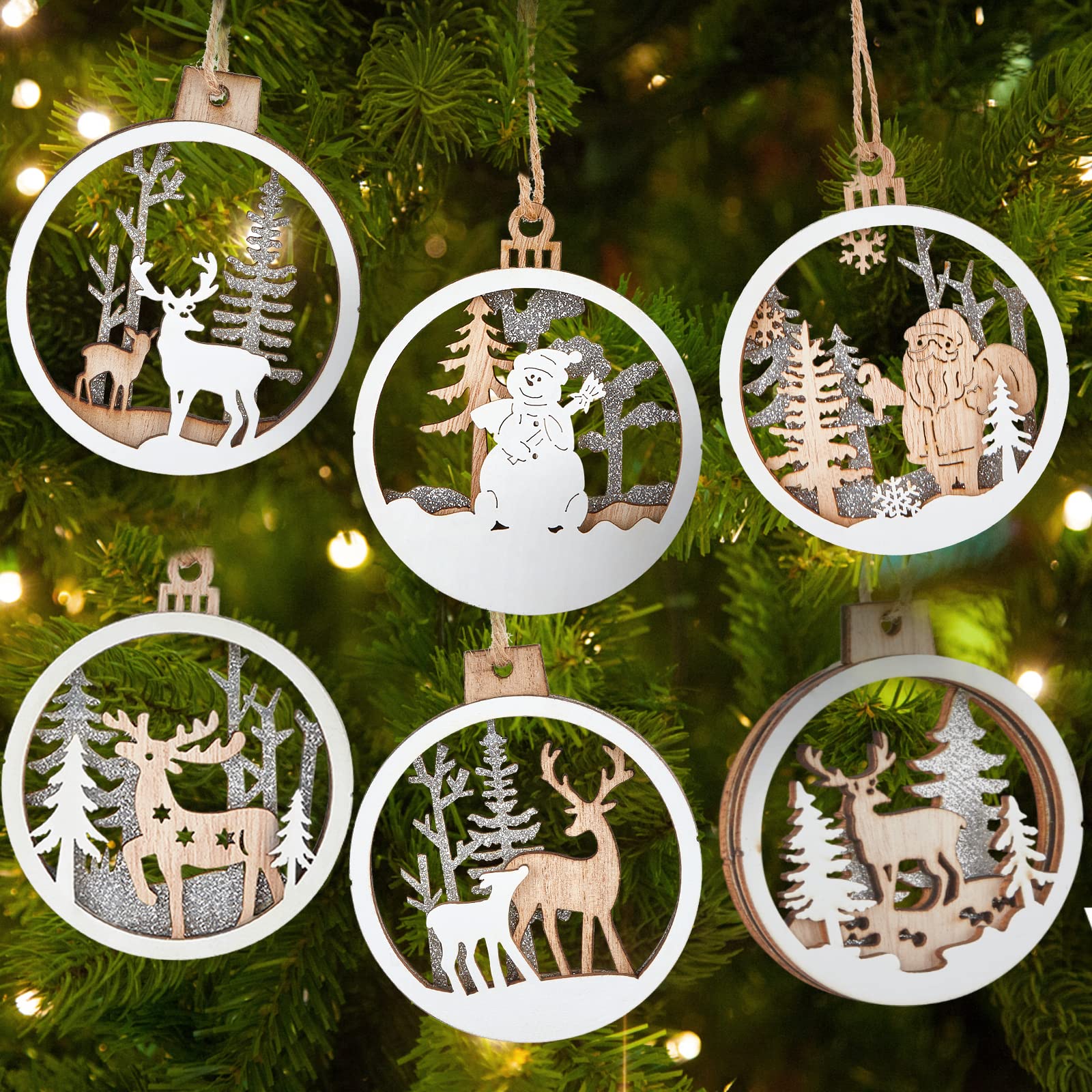Mua 6pcs Christmas Hanging Wooden Ornaments, 3D Glitter Xmas Tree ...
