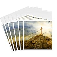 3dRose Greeting Cards - Gold Cross on the Top of a Hill with Sun Rays for a Spiritual Feel - 6 Pack - Inspirational