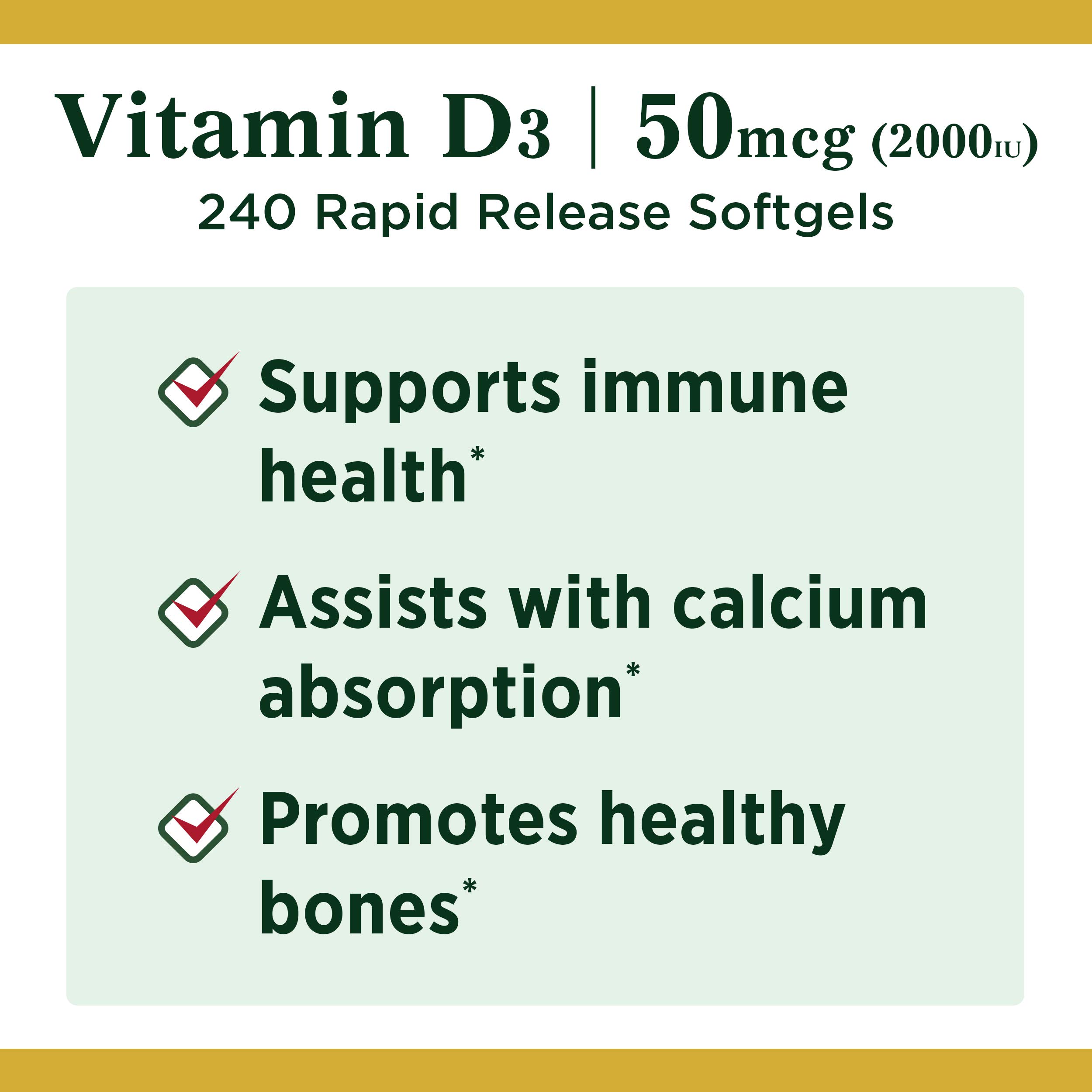 Nature's Bounty Vitamin D3, Immune and Bone Support, 2000IU, Softgels, 240 Ct