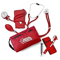 ASA TECHMED Nurse Essentials Professional Kit with Handheld Travel Case | 3 Part Kit Includes Adult Aneroid Sphygmomanometer Blood Pressure Monitor, Stethoscope, Diagnostic Otoscope (Red)